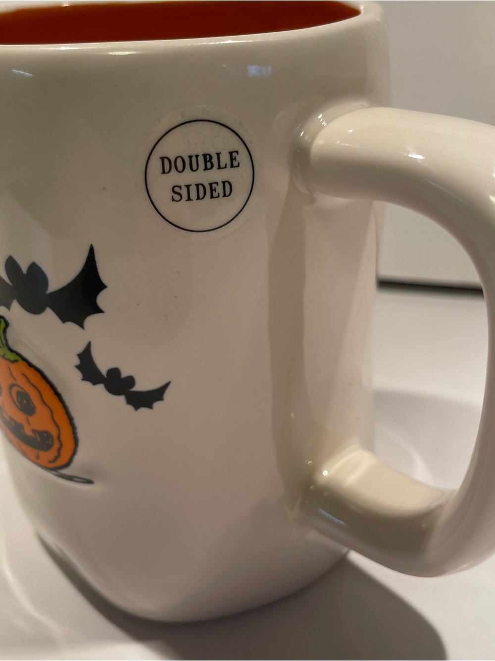 Rae Dunn Peanuts Linus Halloween Mug SPOOKY Pumpkin Bats Orange Interior - Picture 2 of 6